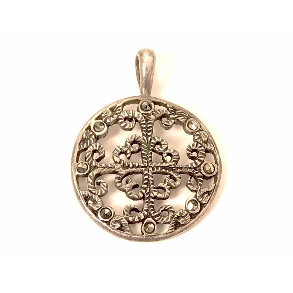 Sterling Silver 925 CN Signed Round Filigree Marcasite Stone Necklace Pendant